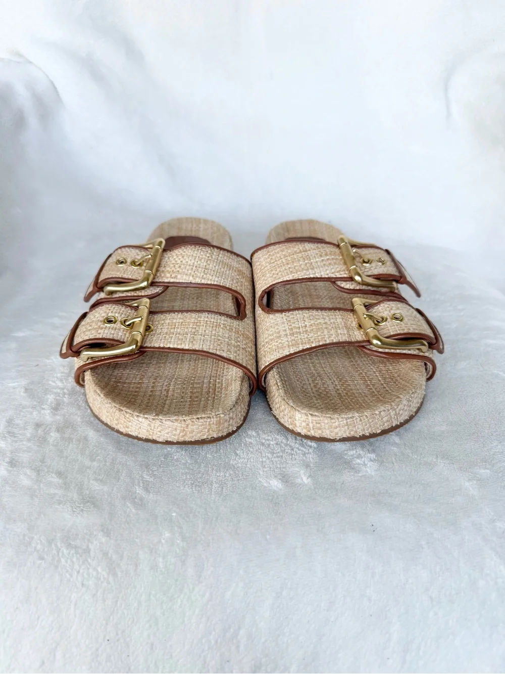 J.Crew Raffia Double Strap Buckle Slide Sandals Leather Womens 6.5Preppy  Resort
